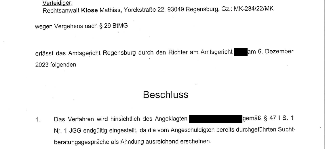 AG Regensburg stellt Btmg-Verfahren nach § 47 JGG ein