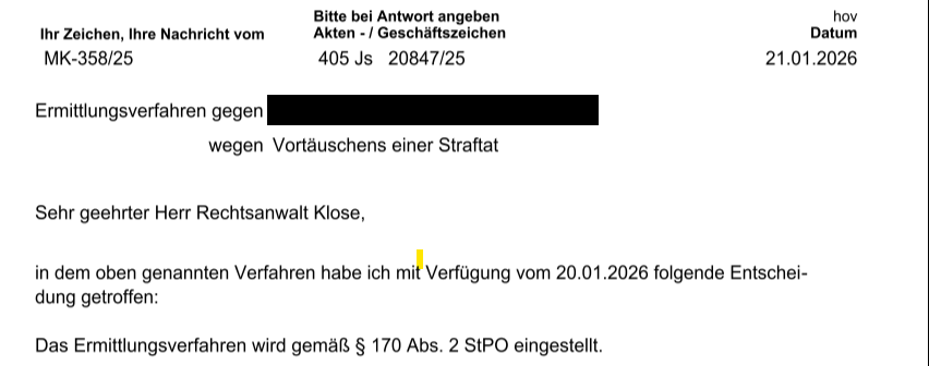 § 145d StGB? Verfahren mangels Tatverdachts wieder eingestellt!