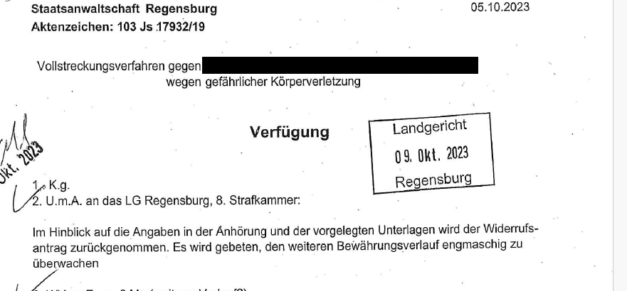 StA Regensburg nimmt Bewährungswiderrufsantrag zurück