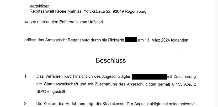 Amtsgericht Regensburg stellt Strafverfahren wegen des Verdachts des unerlaubten Entfernens vom Unfallort nach § 153 StPO ein