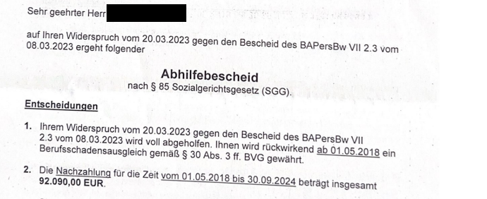 Abhilfebescheid Berufsschadensausgleich