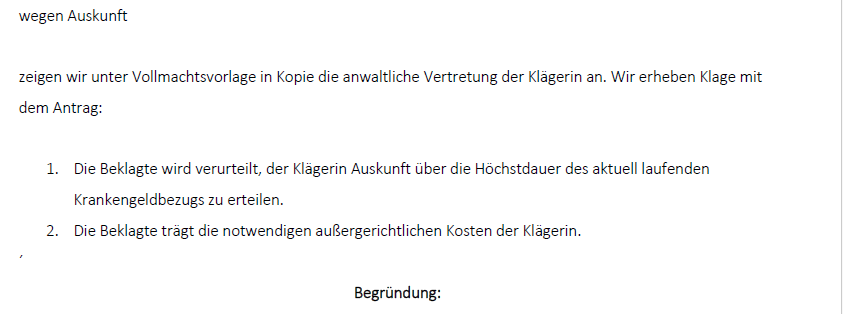 Klageantrag einer gegen die AOK Bayern gerichteten Auskunftsklage